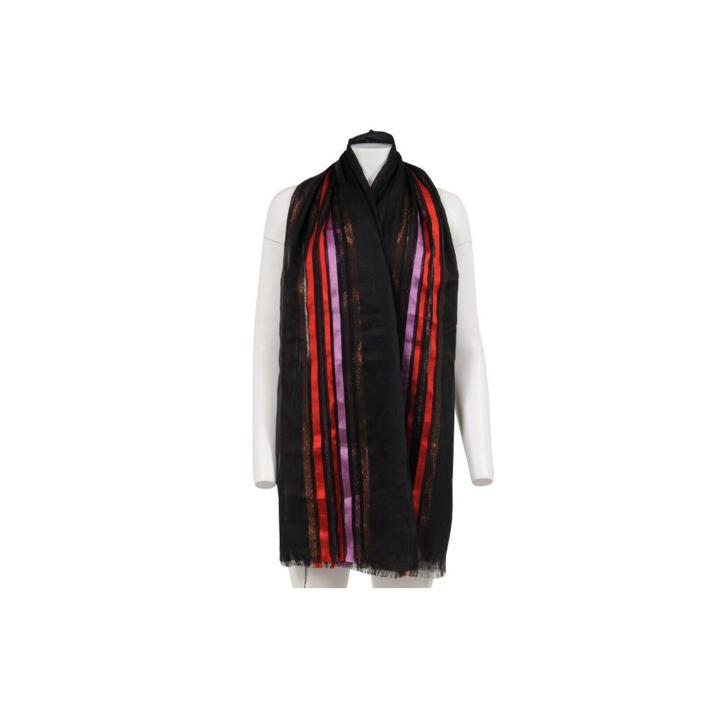Gucci Women Striped Scarf Black Pink Red Brown Metallic Silk Cashmere Shawl Wrap - Picture 2 of 7